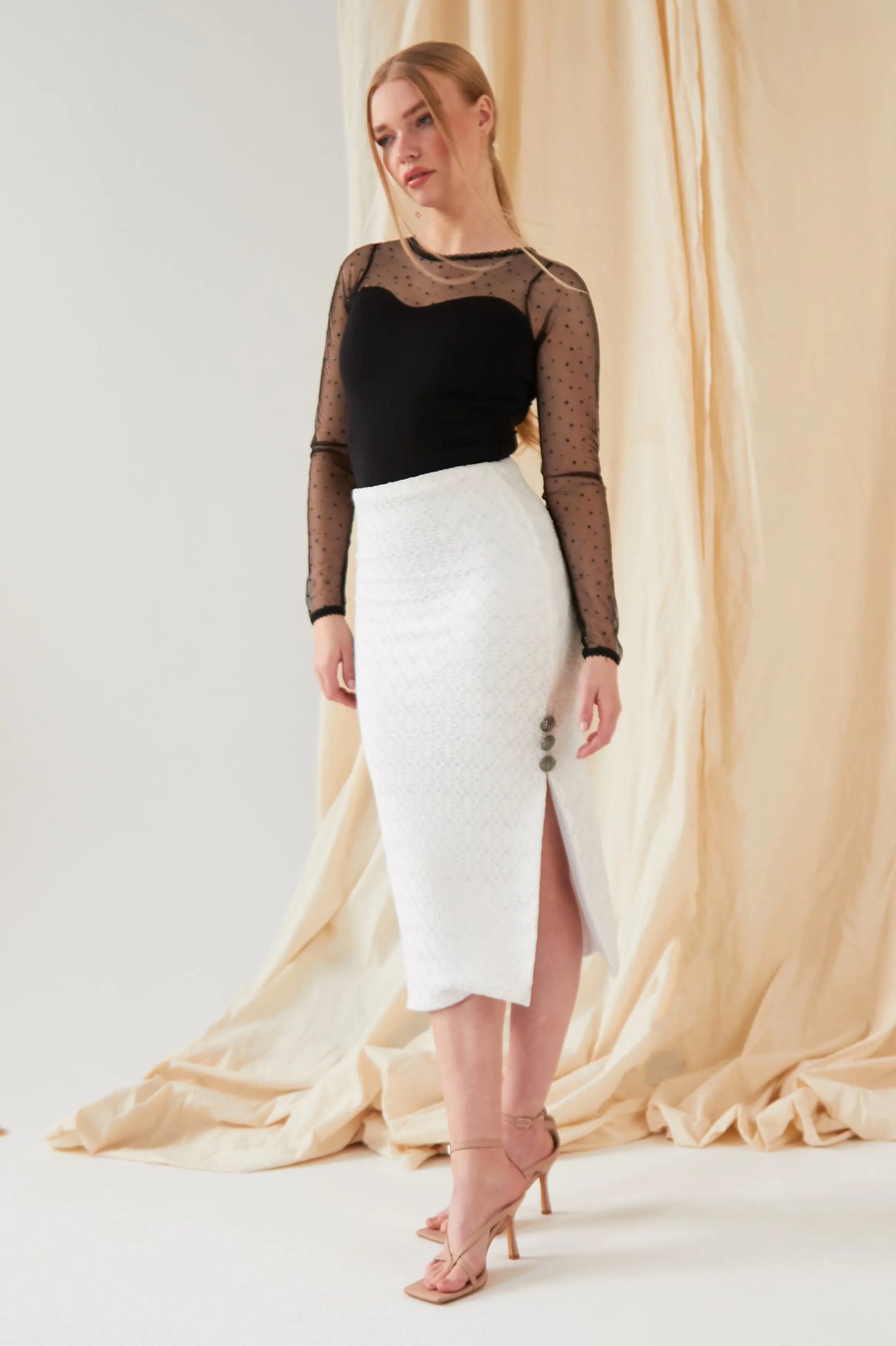 Ciara Witte Bodycon Rok van Kant met Split Sarvin