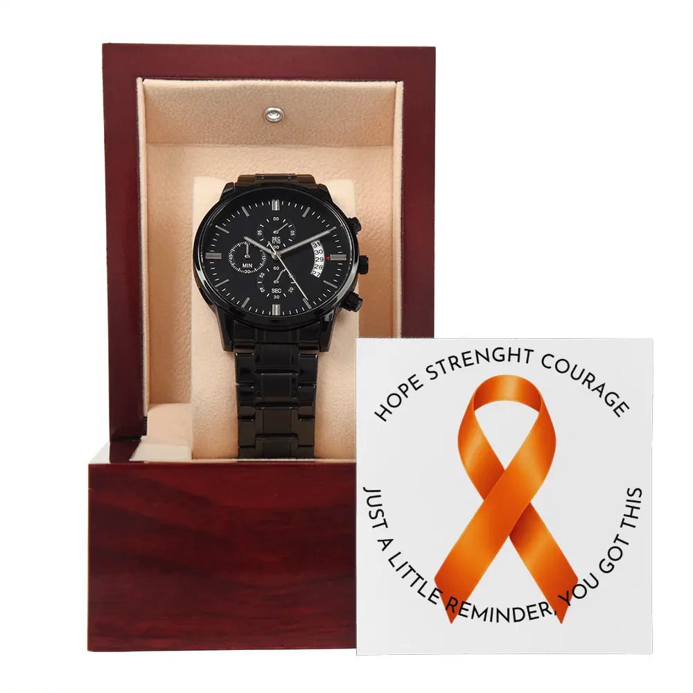 Zwart Chronograaf Horloge met Gravering – MS & FND Awareness | Hope • Strength • Courage ShineOn Fulfillment