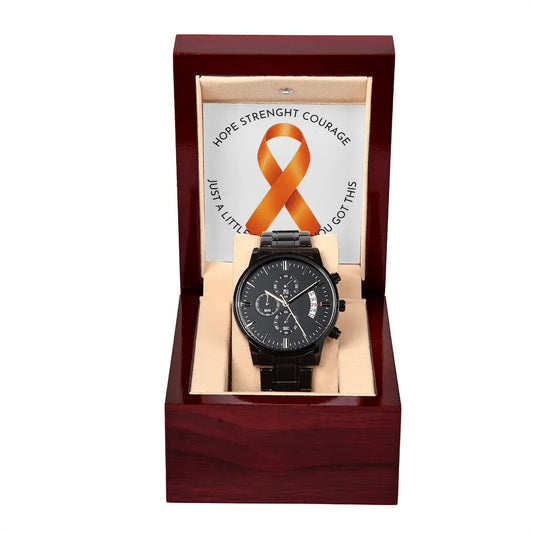 Zwart Chronograaf Horloge met Gravering – MS & FND Awareness | Hope • Strength • Courage ShineOn Fulfillment