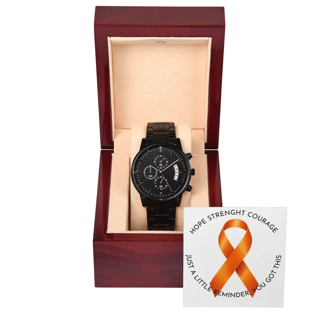 Zwart Chronograaf Horloge met Gravering – MS & FND Awareness | Hope • Strength • Courage ShineOn Fulfillment