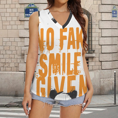 Mouwloze Tanktop met V-hals | No Fake Smile Given InterestPrint